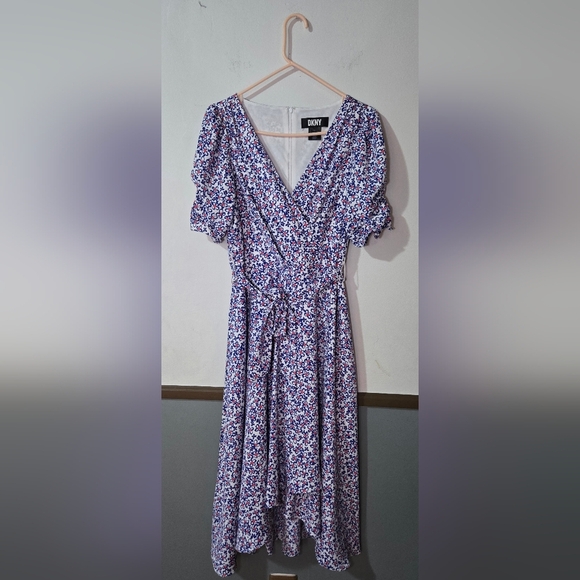 DKNY Floral Print Faux Wrap Iris Dress Multi Color Blue And Red Size 6 - Picture 1 of 11